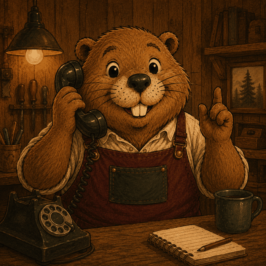 Hank, the AI receptionist, taking a call in his workshop