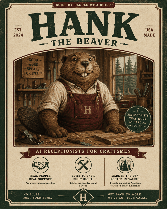 Hank the Beaver — AI Receptionists for Craftsmen — vintage advertising poster